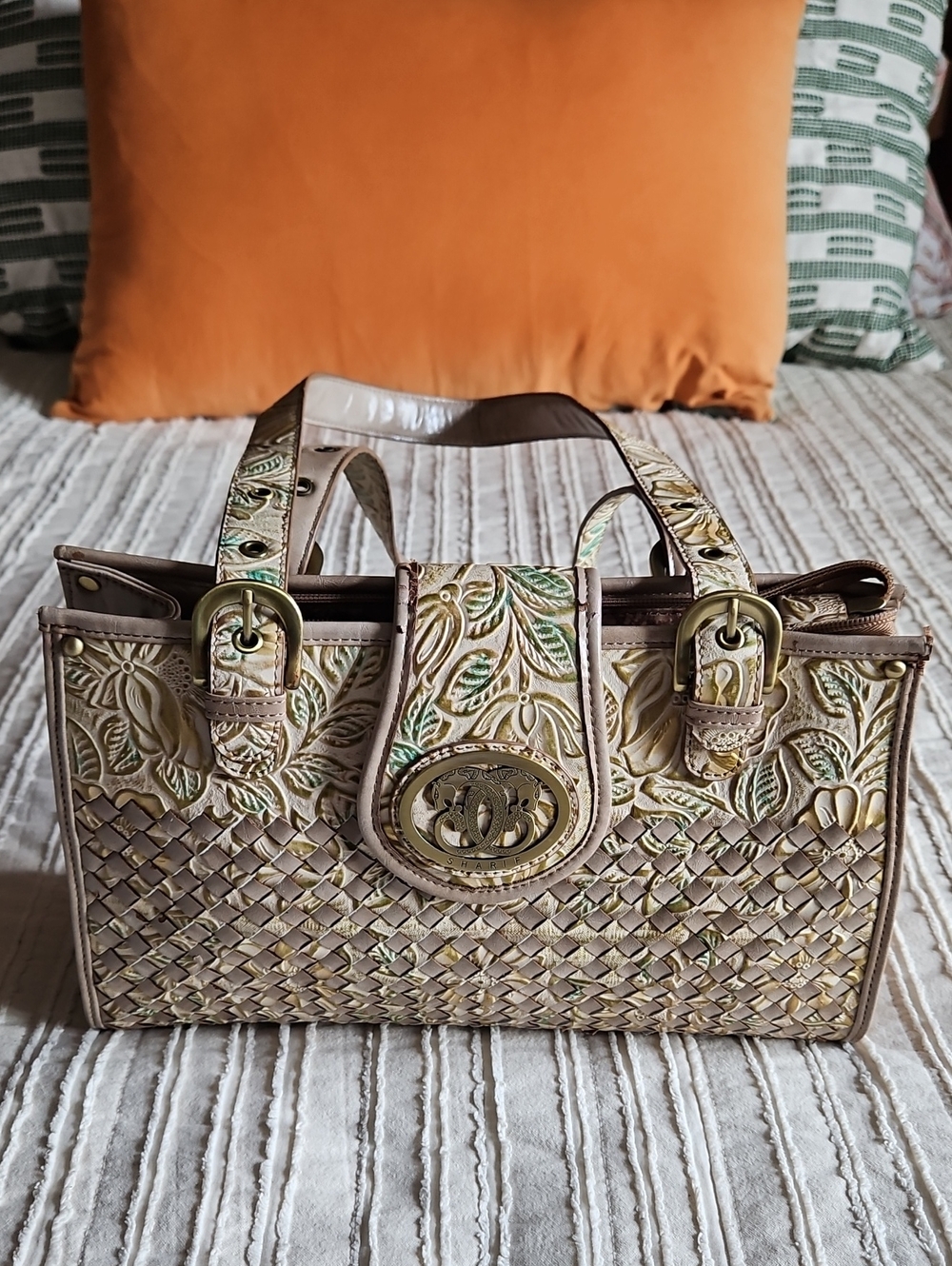 Sharif Woven Floral Leather Purse in Beige and Green